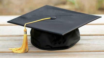 Graduation cap lying on wooden surface, symbolizing achievement and celebration