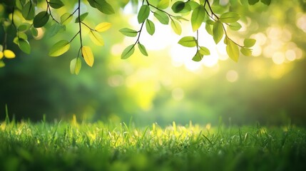 Obraz premium Sunlit Leaves and Green Grass Serene Nature Scene Outdoors in the Sunlight