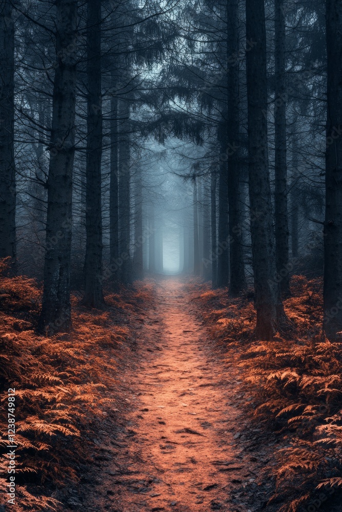 Poster a winding path through a dense forest is softly illuminated by light as mist envelops the trees duri