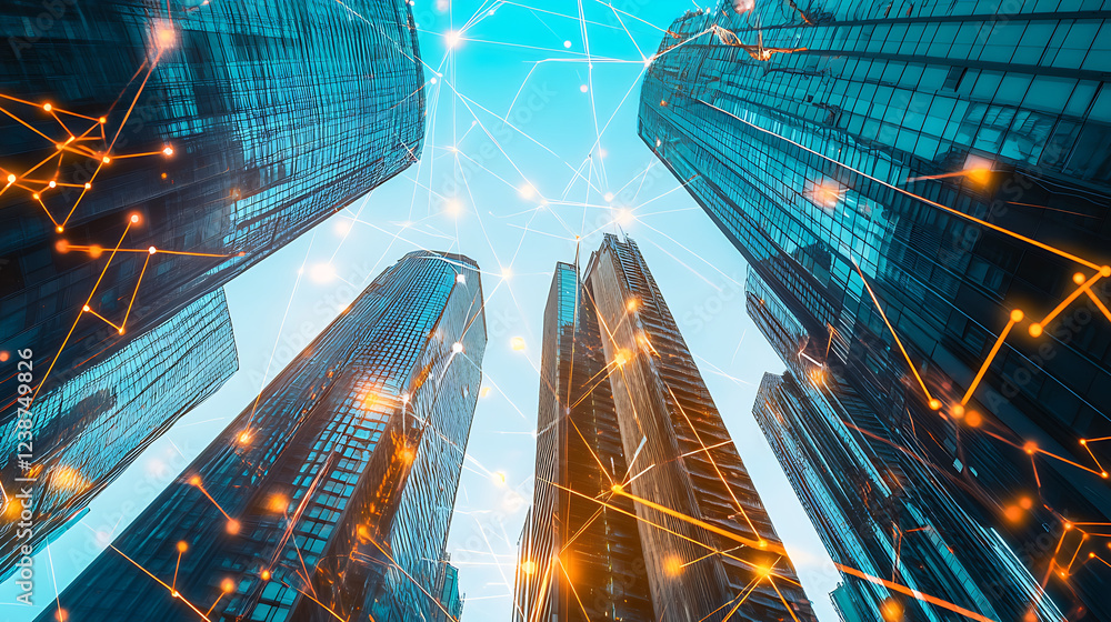 Poster a dynamic view looking up at modern skyscrapers, with a network of glowing connections symbolizing t