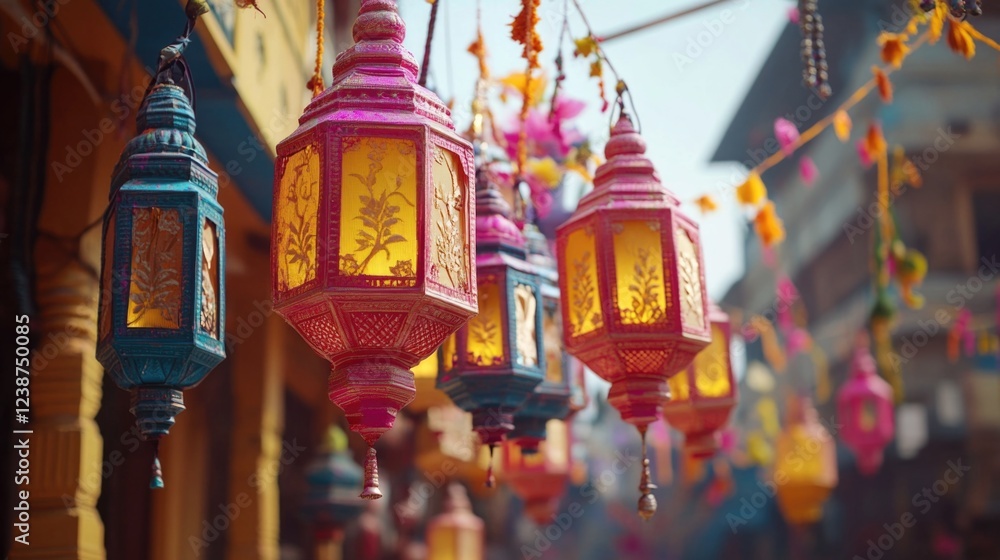 Poster a row of colorful lanterns hanging from a building. the lanterns are of different colors and sizes, 