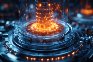 Futuristic energy core emits bright orange light in a high-tech laboratory setting