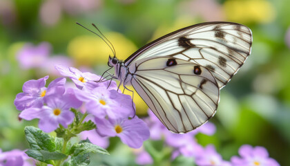 Naklejka premium A striking white butterfly with black markings is perched on soft purple flowers in a lush garden. Colorful blooms surround the butterfly, showcasing the beauty of nature in spring