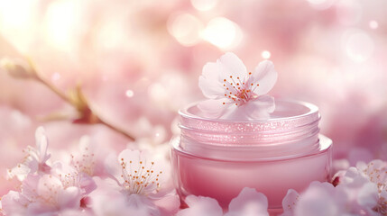 An open cosmetic jar sits surrounded by delicate cherry blossoms capturing the essence of spring.  AI generative