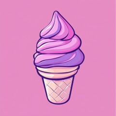 Swirled Purple Pink Ice Cream Cone Dessert on Solid Pink Background with Cartoon Style Artwork