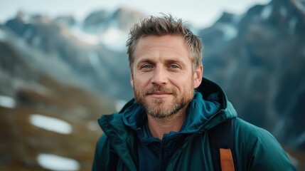 A cheerful man reflects happiness and enthusiasm for the outdoors, framed by majestic mountain slopes, perfect for travel and adventure themes in any project.