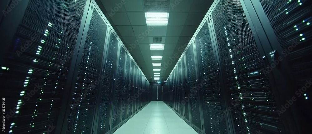 Aufkleber rows of server racks dominate a modern data center, where blue led lights create a high-tech atmosph
