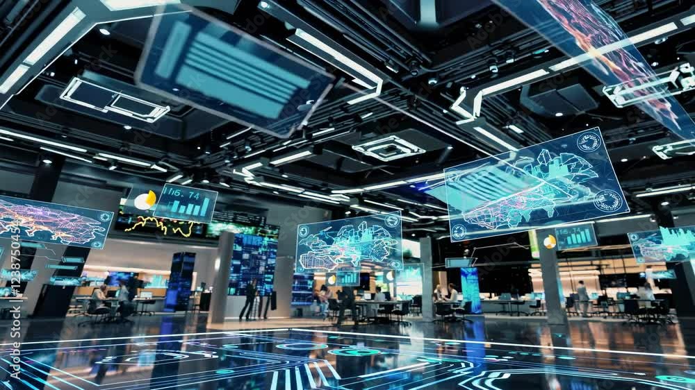 Poster exploring a futuristic command center filled with advanced holographic displays and data analytics
