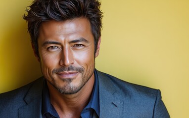 Fototapeta premium handsome man with a beard and blue eyes is wearing a suit and smiling to the camera