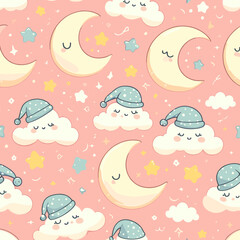 Whimsical pattern of smiling clouds and crescent moons wearing nightcaps on a soft pink background