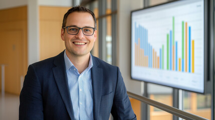 Data analyst smiling in office with graphs displayed on screen