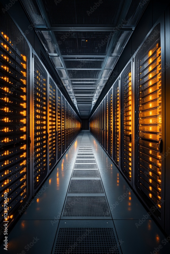 Aufkleber a data center corridor features rows of servers glowing with warm lights. the sleek design and techn