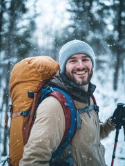 Fototapeta premium Man smiling in snow with backpack and ski poles.