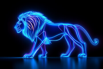 illustration of an abstract, neon lion in pop art style on a black background, a lion, lion, scary lion, neon, black background, 3d rendering