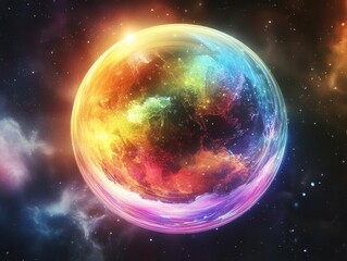Fototapeta premium iridescent soap bubble floating in dark space with dramatic lighting, creating rainbow prismatic effects and reflections