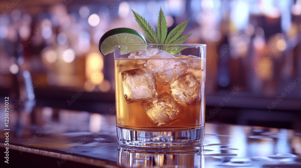 Poster refreshing cocktail served on a bar top with a slice of lime and fresh mint leaves in soft lighting.