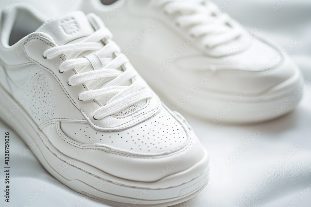 Aufkleber a pair of white sneakers resting on top of a bed, suitable for editorial use in lifestyle or interio