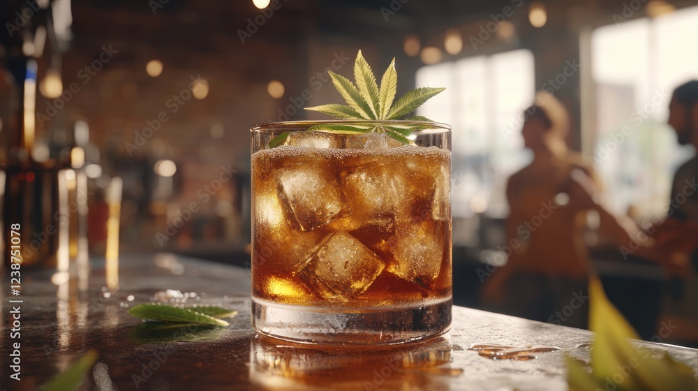 Poster craft cocktail with ice and garnished leaf in a vibrant bar setting during evening hours. generative