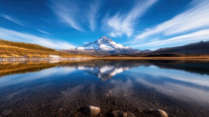 Obraz premium A breathtaking mountain scene with a clear reflective lake, showcasing vibrant sky colors and snow-capped peaks, illustrating nature's incomparable beauty and tranquility.