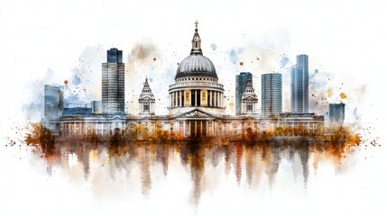 Fototapeta premium Stunning Watercolor Cityscape of St. Paul's Cathedral Amidst Modern Urban Skyline