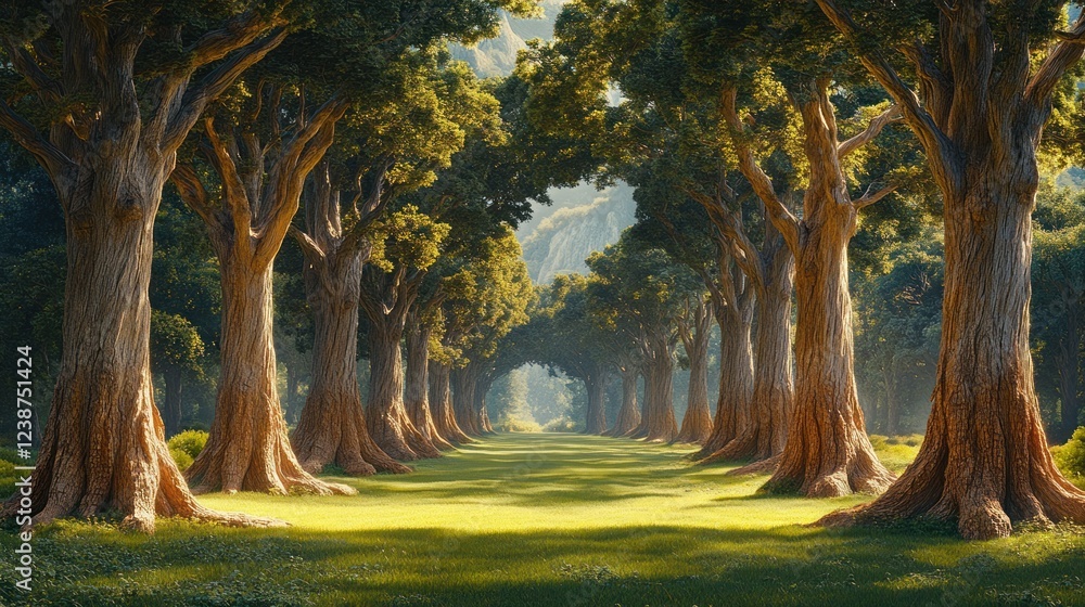 Aufkleber sunlight filters through tall trees in a lush green forest during early morning hours in springtime.