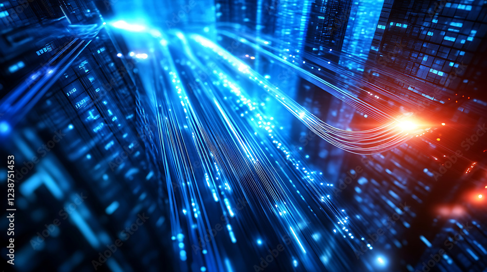 Poster a dynamic abstraction of blue and orange light streaks, representing data flow and technology in a f