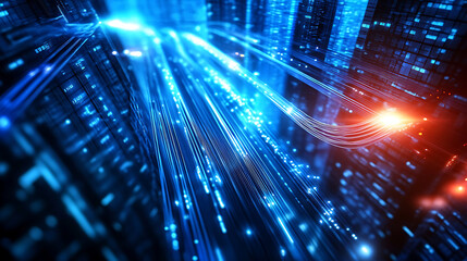 Fototapeta premium A dynamic abstraction of blue and orange light streaks, representing data flow and technology in a futuristic digital environment.
