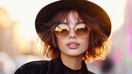 A radiant woman in a stylish hat and sunglasses poses playfully while exuding a sense of confidence, perfect for fashion and lifestyle contexts that celebrate individuality.