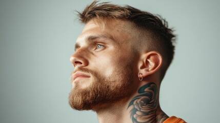 Fototapeta premium A striking profile of a bearded man looking confidently towards the horizon, embodying determination and strength, ideal for motivational themes and masculine portrayals.