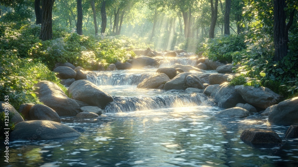 Poster serene river flows through lush forest with sunlight filtering through trees during a tranquil morni