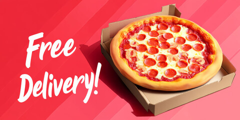 A mouthwatering pepperoni pizza sits in an open takeout box against a vibrant red background. The fresh toppings and crust invite hungry customers, promoting free delivery