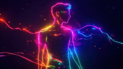 Obraz premium Vibrant human silhouette surrounded by colorful light trails on a dark background. Generative AI