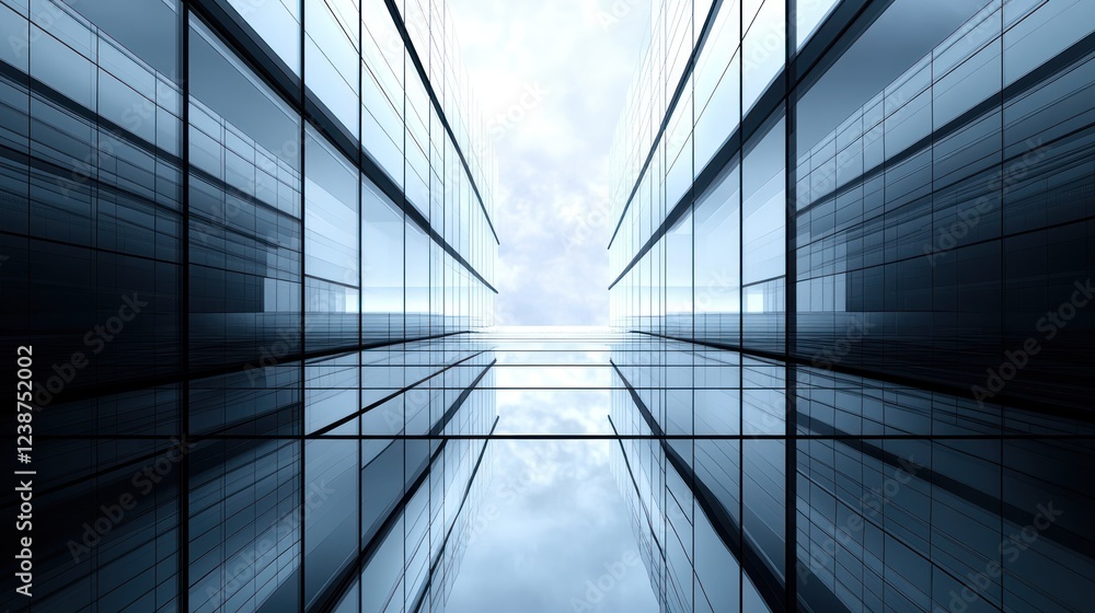 Aufkleber reflections of modern architecture in a glass corridor under a cloudy sky. generative ai
