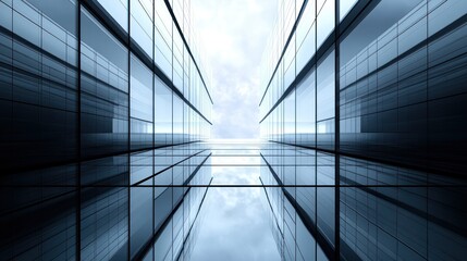 Reflections of modern architecture in a glass corridor under a cloudy sky. Generative AI