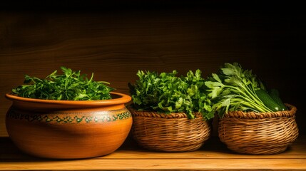 Freshly harvested green herbs displayed in rustic baskets on a wooden shelf in a cozy kitchen