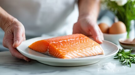 A carefully arranged salmon fillet on a plate, complemented by fresh herbs and eggs, showcasing the beauty of culinary presentation and the essence of home cooking.