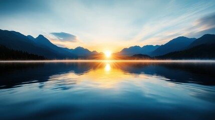 Fototapeta premium A breathtaking sunrise blankets the majestic mountains reflecting on the calm waters, encapsulating the essence of serenity and natural beauty at dawn.