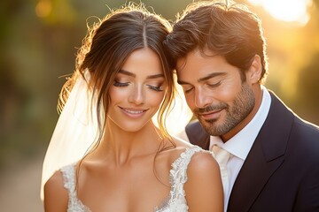 A bride and groom are posing for a picture, with the bride wearing a veil