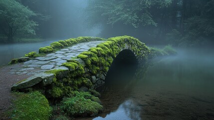 Fototapeta premium Moss-covered stone bridge in a misty forest by a tranquil river at dawn. Generative AI