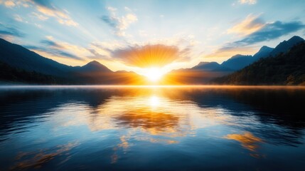 Naklejka premium A dramatic dawn showcases a vibrant sunburst illuminating the sky over the tranquil lake, merging natural beauty and artistic brilliance in a captivating scene.