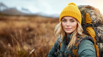 A vibrant young woman wearing a yellow beanie and a backpack sits in a field, radiating joy and energy while surrounded by the beauty of nature.