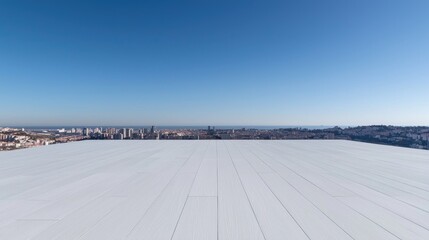 White deck overlooking city skyline, sunny day