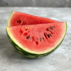 Fresh juicy watermelon slices on gray background with seeds visible