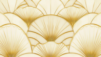 Classic art deco pattern, golden fan motifs with intricate linework on a soft ivory background, delicate metallic reflections