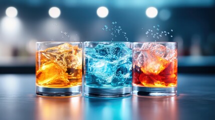 A visually striking composition of three vibrant drinks, showcasing ice and bubbles that create an enticing and refreshing atmosphere suitable for any celebration.