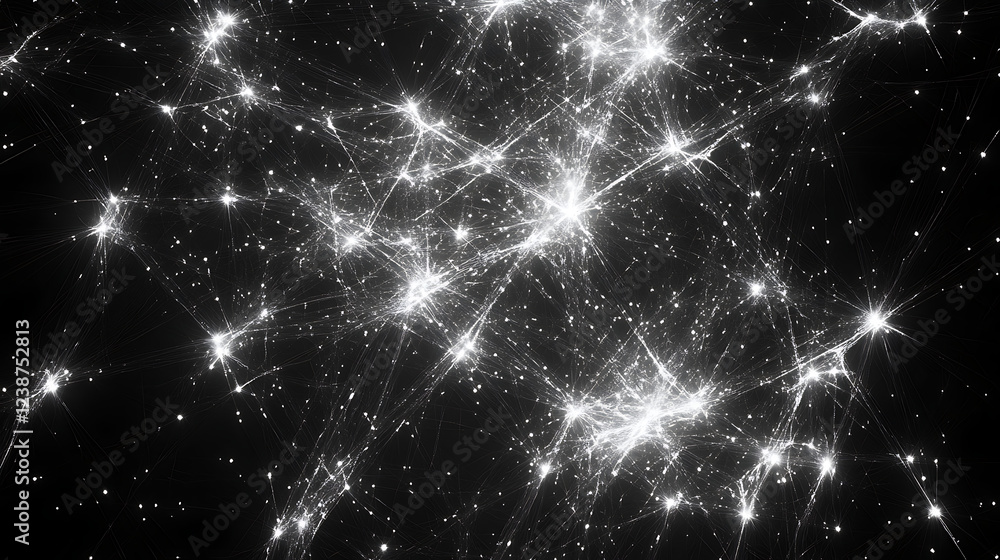 Poster a black and white abstract image depicting numerous bright, interconnected points resembling stars o