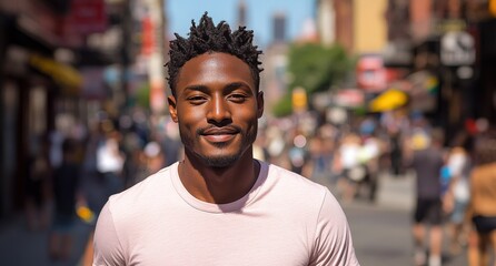 Fototapeta premium A man with a big smile is standing on a street