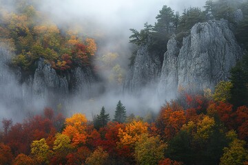 Fototapeta premium Misty autumn valley with colorful foliage