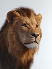 Naklejka premium A detailed close-up profile of a majestic lion's head, showcasing the powerful face with expressive eyes and a full mane. A symbol of royalty, courage, and leadership.