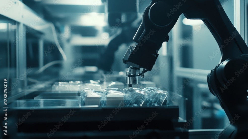 Aufkleber modern robotic arm carefully placing products onto conveyor belt, showcasing automation and efficien